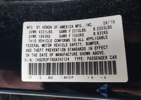 2016 Honda Accord Ex from USA, damaged, VIN 1HGCR2F79GA240124